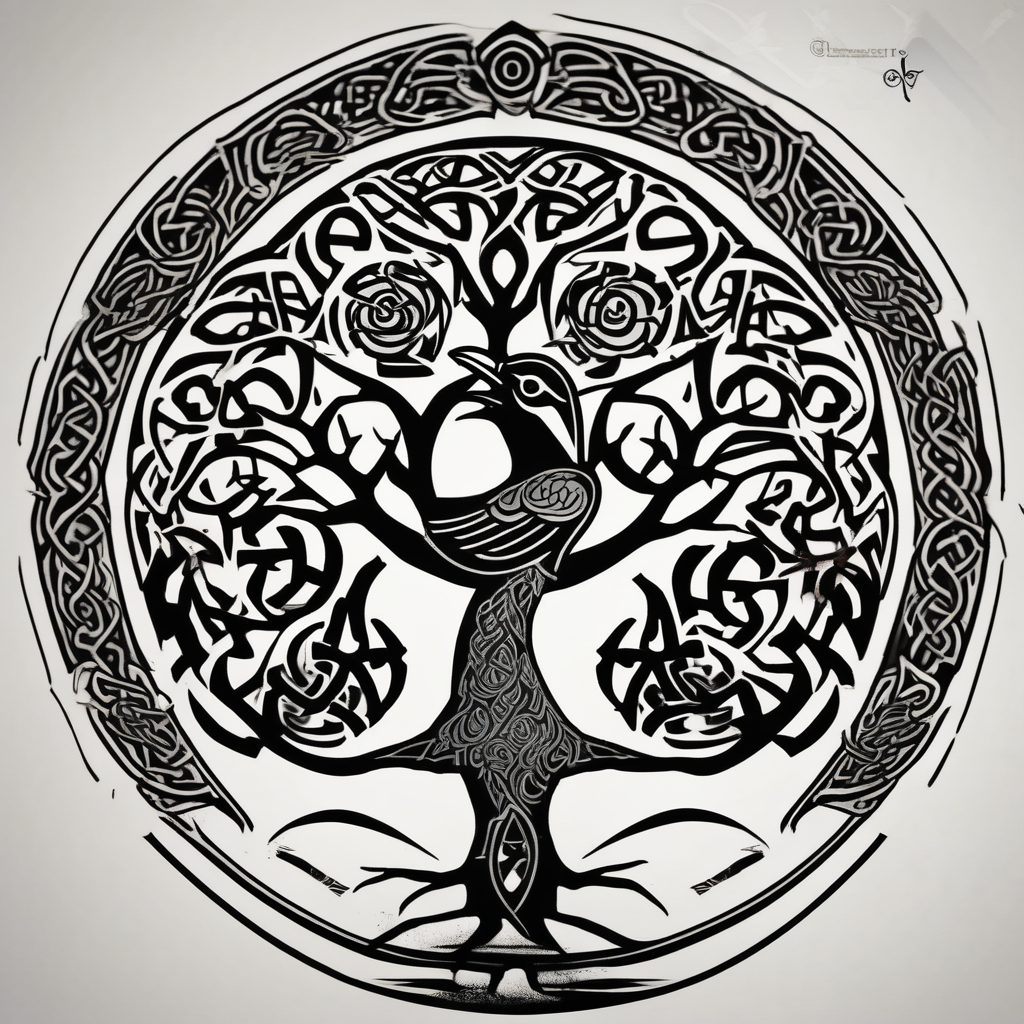 Irish shoulder tattoo, that is non-religious and has a Celtic tree and tribal ravens fishing tattoos, design de tatouage Japonais généré par IA